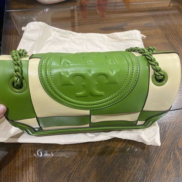 TORY BURCH RARE FLEMING GREEN CREAM PATCHWORK CROSSBODY - Picture 11 of 13